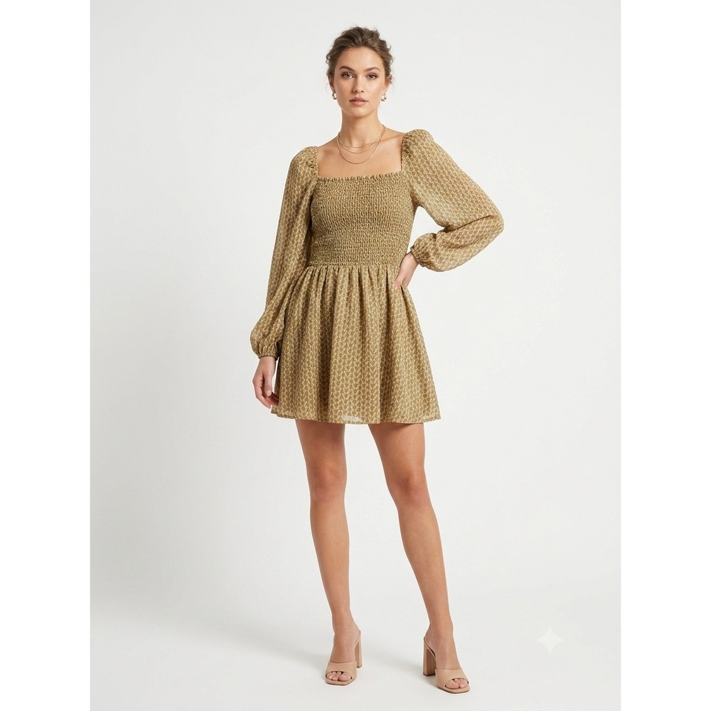 Kourt Mini Printed Luxe Wren Puff Sleeve Dress M Green Smocked Cottagecore Boho